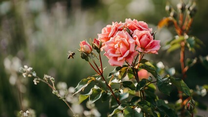 Obraz premium Beautiful Pink Rose Flowers in Garden with Blurred Background and Flying Bee