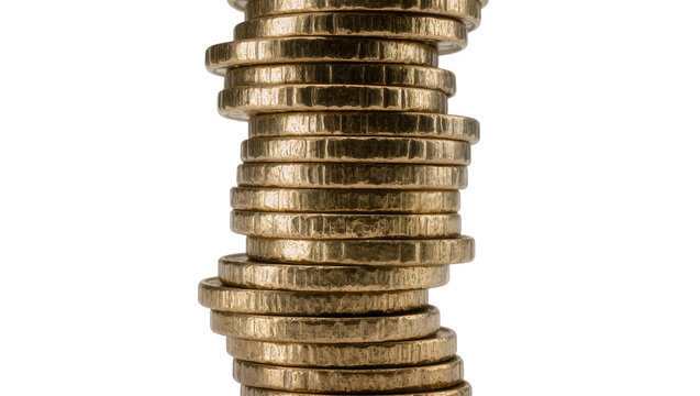 Tall stack of golden euro coins, isolated on transparent background