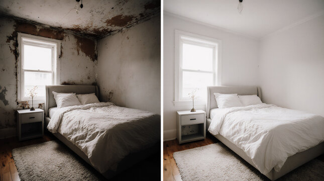 Split comparison of a damaged mold-infested bedroom and a clean renovated interior. Concept of home restoration, mold remediation, property maintenance, and healthy living spaces.
