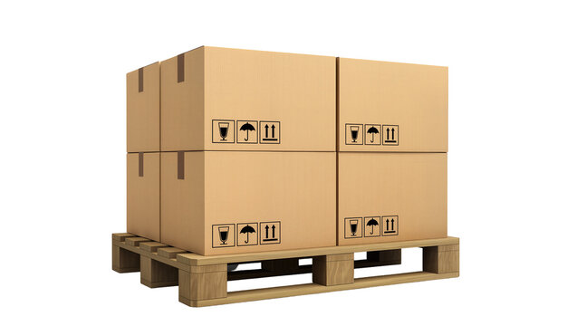Stack of four cardboard boxes with fragile symbols on wooden pallet, isolated on transparent background