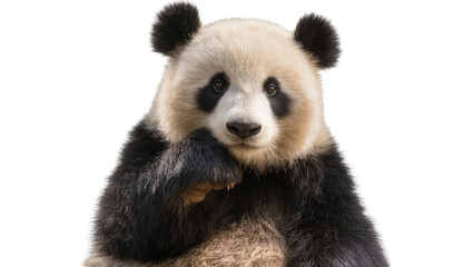 Fluffy giant panda bear resting chin on paw, isolated on transparent background © Sorin