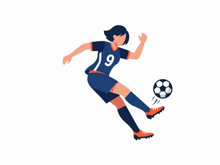 Obraz premium A female soccer player in a blue uniform with the number 9 on it skillfully kicking a soccer ball during a game