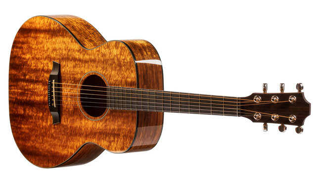 Glossy quilted maple acoustic guitar with dark wood fretboard, isolated on transparent background