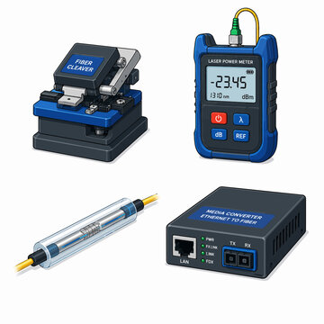 Essential fiber optic tools including a precision fiber cleaver laser power meter inline attenuator and Ethernet to fiber media converter vital for network installation and maintenance in telecommunic