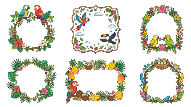 Collection of Tropical Frames with Parrots, Toucans, and Exotic Fruits.