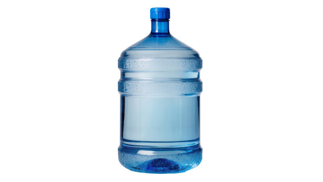 Large blue plastic water jug with condensation, isolated on transparent background