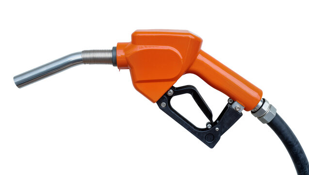 Orange fuel pump nozzle with metal spout and black handle, isolated on transparent background