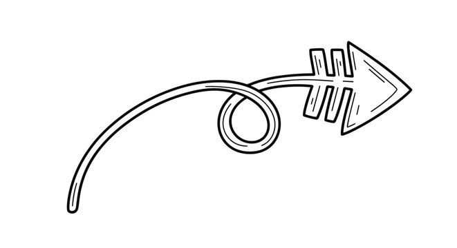 Creative hand-drawn cartoon arrow curving into a loop with a decorative fish-bone pattern near the arrowhead.