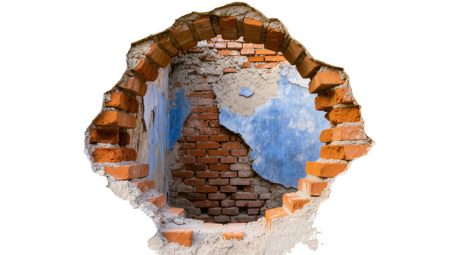 Cracked brick wall with peeling blue plaster, isolated on transparent background