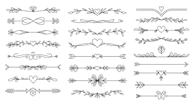 Big collection of decorative hand drawn dividers borders and flourishes with romantic hearts and floral elements.
