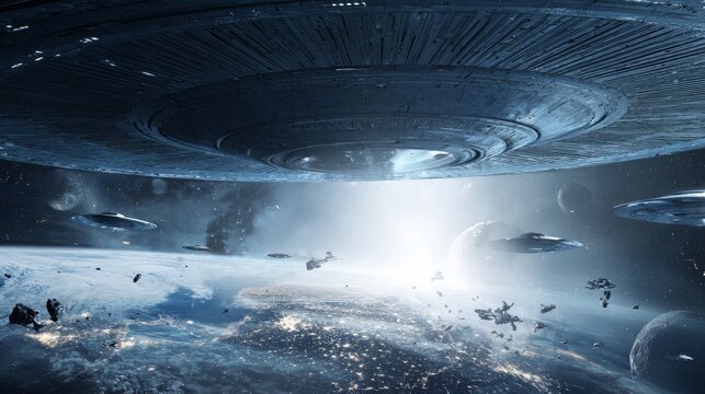 Alien invasion concept with extraterrestrial spacecraft near Earth, mysterious attack threat, uncertain planetary defense, science fiction scenario and global preparedness theme