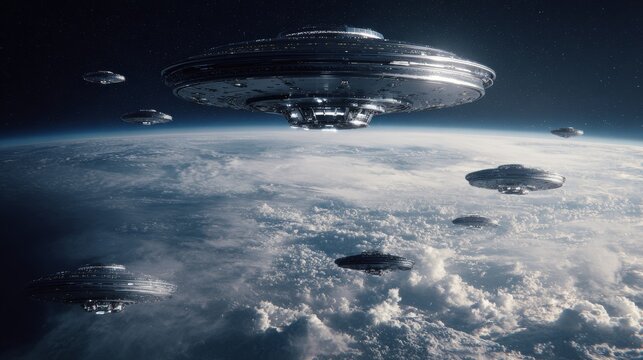 Alien invasion concept with extraterrestrial spacecraft near Earth, mysterious attack threat, uncertain planetary defense, science fiction scenario and global preparedness theme