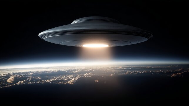 Alien invasion concept with extraterrestrial spacecraft near Earth, mysterious attack threat, uncertain planetary defense, science fiction scenario and global preparedness theme