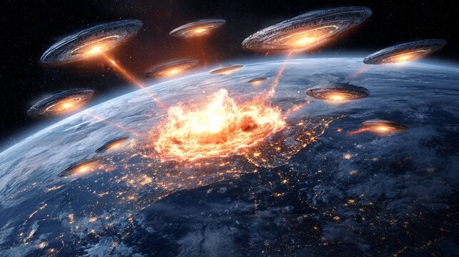 Alien invasion concept with extraterrestrial spacecraft near Earth, mysterious attack threat, uncertain planetary defense, science fiction scenario and global preparedness theme