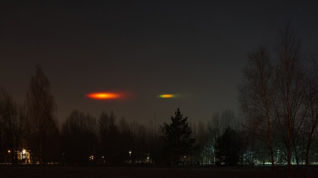 Glowing unidentified objects in the night sky, mysterious aerial lights, extraterrestrial phenomenon, luminous orbs, cosmic unknown presence, sci-fi atmosphere and unexplained space event