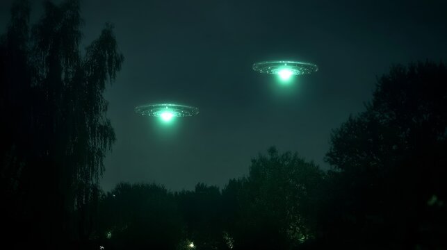 Glowing unidentified objects in the night sky, mysterious aerial lights, extraterrestrial phenomenon, luminous orbs, cosmic unknown presence, sci-fi atmosphere and unexplained space event