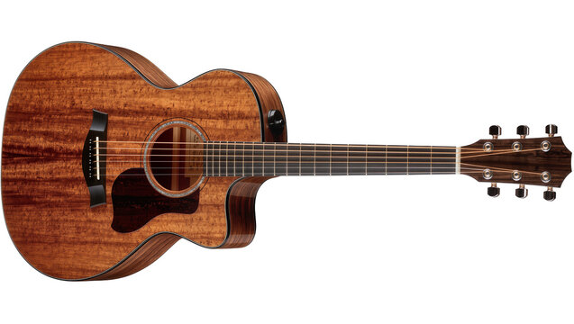 Acoustic guitar with a rich brown wood grain finish, isolated on transparent background