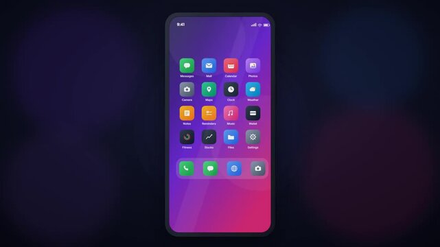 Smartphone home screen with colorful app icons on purple gradient 3D mockup animation