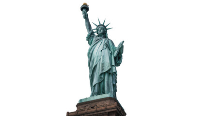 Verdigris patina copper Statue of Liberty holding torch and tablet, isolated on transparent background © Aliona