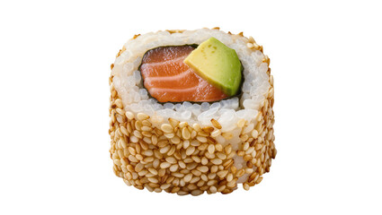 Fresh salmon and avocado sushi roll covered in sesame seeds, isolated on transparent background © Sorin
