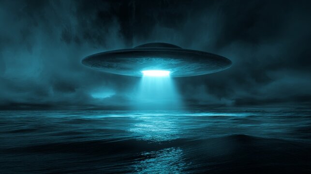 UFO Flying Above Ocean Waters with Futuristic Spacecraft, Alien Technology, Mystery Sky Phenomenon and Reflective Sea Surface in Dramatic 3D Render Concept Scene