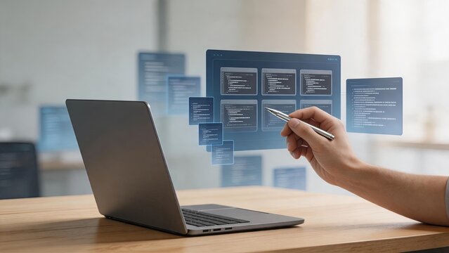 Programmer interacting with floating holographic code windows and software development interface using stylus pen near laptop, visualizing advanced coding, debugging and app
