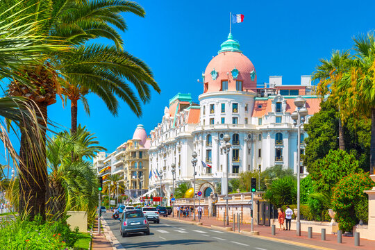 Promenade des Anglais in Nice, France. Nice is a popular Mediterranean tourist destination, attracting 4 million visitors each year