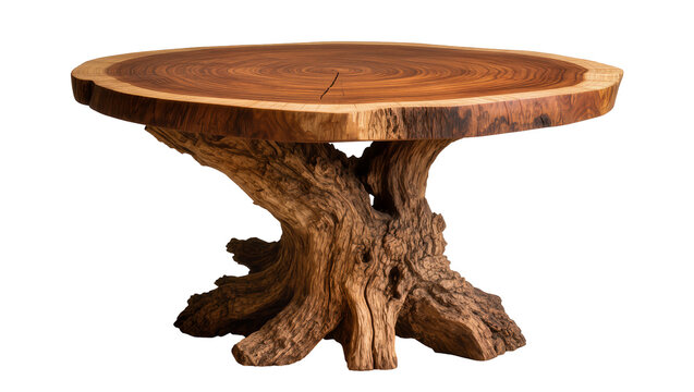Rustic live edge wood table with gnarled tree trunk base, isolated on transparent background