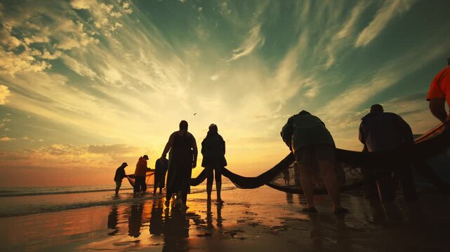 Fishermen silhouettes pulling a large fishing net from the ocean at sunrise