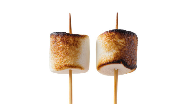 Two perfectly toasted marshmallows on wooden skewers, isolated on transparent background