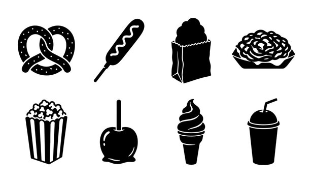 Vector Icons: Carnival Food Set, Pretzel, Corn Dog, Popcorn, Candy Apple, Ice Cream, Drink, Pie