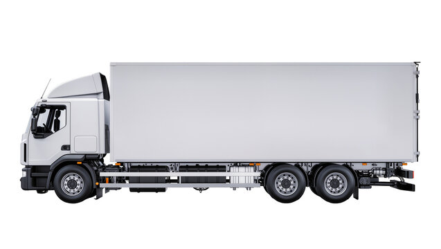 White semi-trailer truck with large cargo box, isolated on transparent background