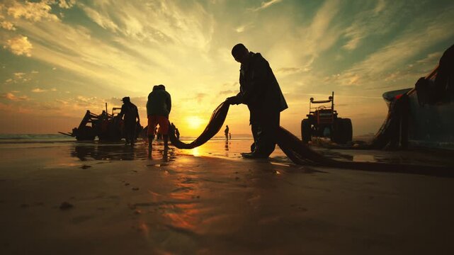 Silhouette of fishermen pulling nets at sunset