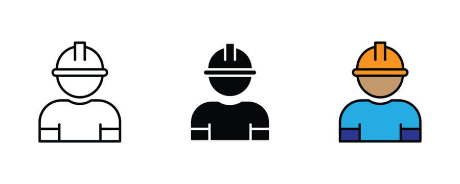 Construction worker with safety helmet icon set. Building engineer, contractor, or site supervisor avatar symbol. Vector Illustration