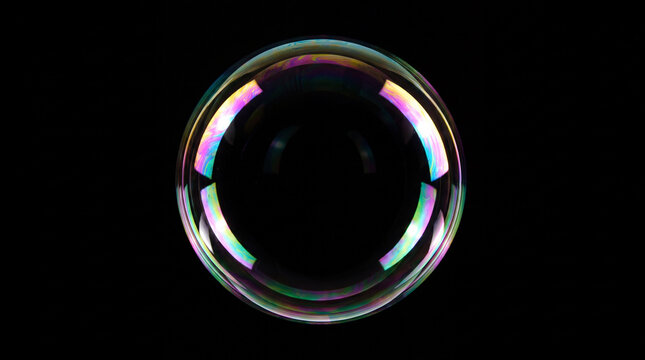Realistic single transparent soap bubble with rainbow iridescence isolated on black background overlay