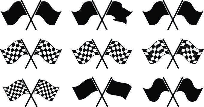 Vector Crossed Racing Flags Icon Set Featuring Waving Chequered Patterns and Solid Black Silhouettes
