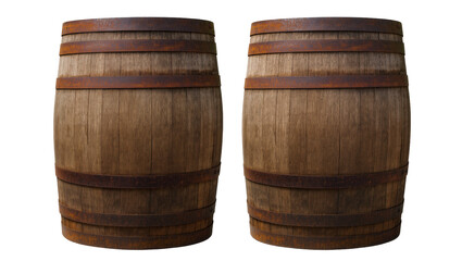 Fototapeta premium Two rustic wooden barrels with rusty metal bands, isolated on transparent background