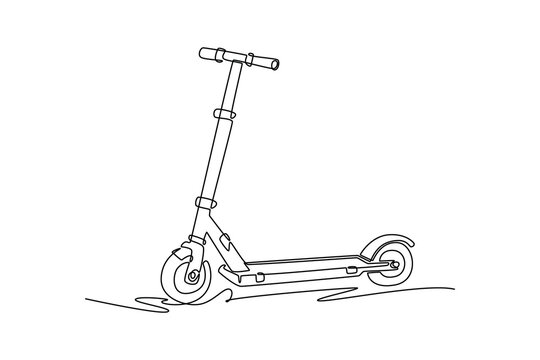 Continuous one line drawing modern electric kick scooter. Slim standing deck plate, dual wheels, and T-bar handlebar frame for eco city commuting. Single line draw design vector graphic illustration