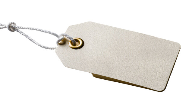 Blank beige paper tag with brass grommet and white string, isolated on transparent background