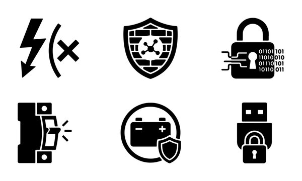 Cybersecurity Icons Set: Digital Lock, Firewall Shield, Power Switch, USB Drive, Battery Protection, No Power Symbol