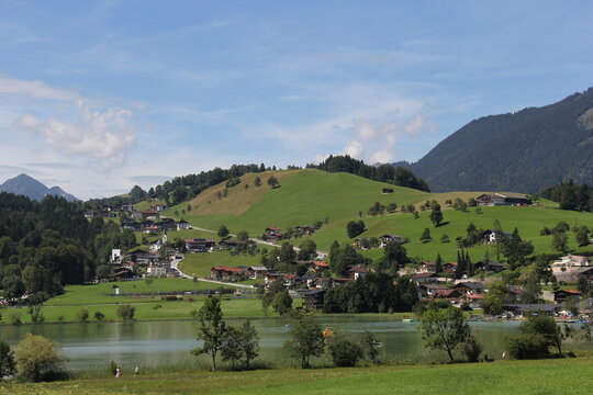 Scenic view of the village and Lake Thiersee in the Austrian Alps, Tyrol.