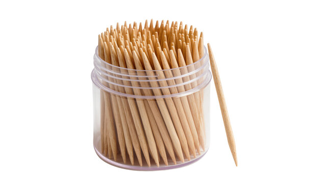 Many wooden toothpicks in a clear plastic container, isolated on transparent background