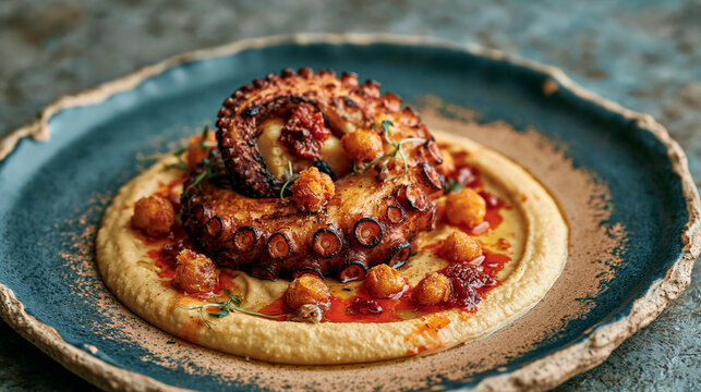 A fine dining plate featuring a single char-grilled Aegean octopus tentacle, elegantly curled, with subtle charred edges. The octopus is artfully arranged over a smooth, warm, creamy hummus pool