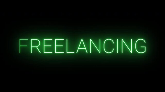 Flickering neon green glowing freelancing sign animated black background.