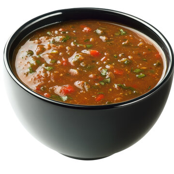 Freshly made salsa in a sleek black bowl with cilantro and red pepper isolated on white background