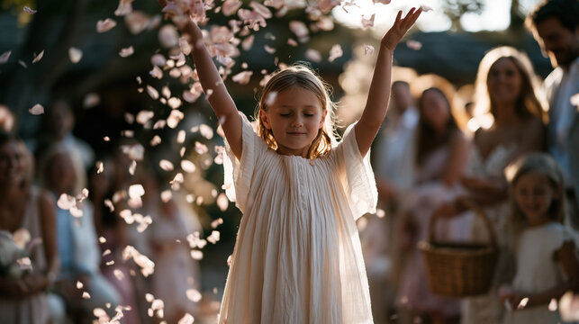 Small flower girl mid-toss, arms raised above her head releasing a cascade of rose petals across the ceremony aisle, tiny wicker basket empty in one hand, wedding guests behind