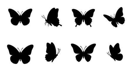 Set of 8 Black Butterfly Silhouettes, Vector Icons for Nature and Insect Designs, Elegant Flying Moth Graphics © Mahmudul