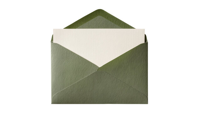 Open olive green textured envelope with cream paper insert, isolated on transparent background