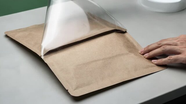 Close medium shot of compostable film being laminated onto a paper pouch emphasizing sustainable packaging innovation and environmental responsibility.