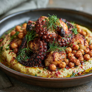 A fine dining plate featuring a single char-grilled Aegean octopus tentacle, elegantly curled, with subtle charred edges. The octopus is artfully arranged over a smooth, warm, creamy hummus pool